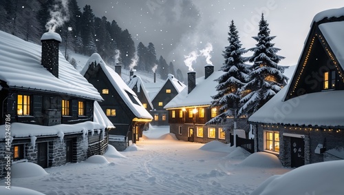 A picturesque winter village scene at night, with snow-covered houses glowing warmly in the twilight. The charming atmosphere is enhanced by falling snow and the soft glow of the lights.