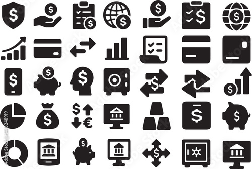 Fintech and digital economy icon set flat black vector symbols for banking, investment, crypto, and financial analytics