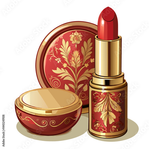 Elegant Red and Gold Lipstick and Compact Set