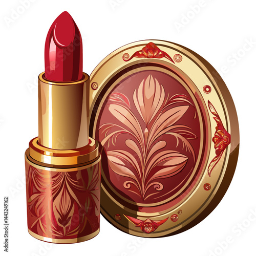 Elegant Red Lipstick and Compact Powder Set with Ornate Design