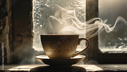 Warm steam rises from a cup of tea, backlit by a sunlit window. A moment of peace and tranquility.