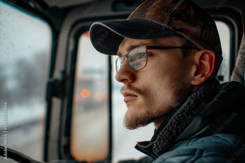 Generative AI image of long-haul truck driver male female large transport vehicle shipment Generative AI image of long-haul truck driver male female large transport vehicle shipment