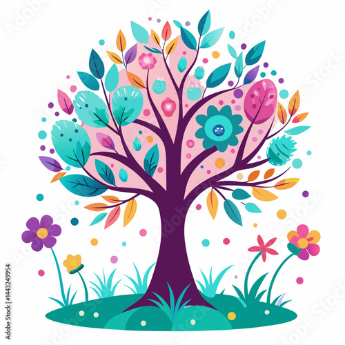 Vibrant Colorful Floral Tree Illustration Design
