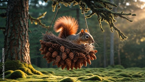 A fluffy-tailed squirrel snuggles in a cozy pine cone nest, bathed in the warm glow of sunrise. Nature's beauty captured in a single frame.