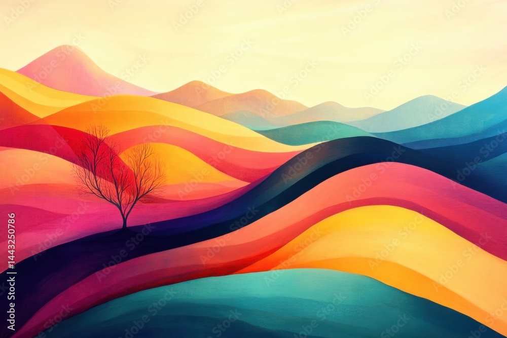 A landscape with colorful wavy hills and a tree in the foreground under a pale yellow sky A landscape with colorful wavy hills and a tree in the foreground under a pale yellow sky
