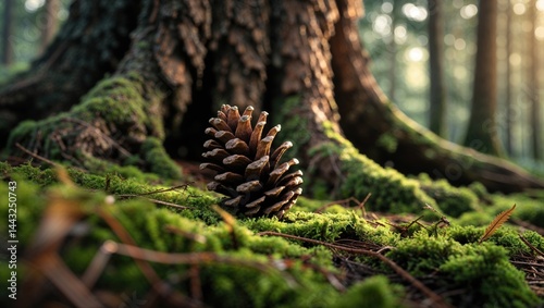A single pine cone rests on a bed of vibrant green moss at the base of a large tree. Sunlight filters through the forest canopy, creating a serene and peaceful atmosphere.