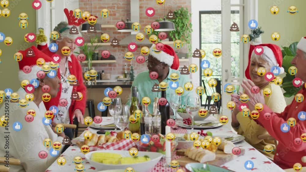 Senior friends celebrating holiday marketing around dinner table, with floating emoji reactions