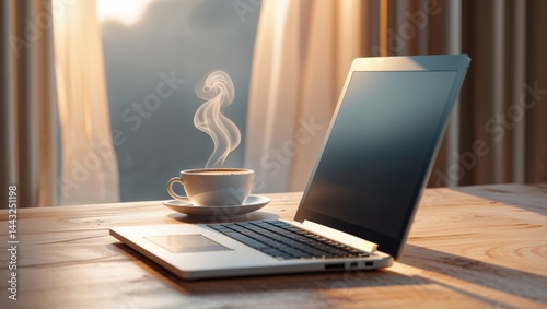 Warm morning light streams through sheer curtains onto a laptop and a steaming cup of coffee on a wooden table.