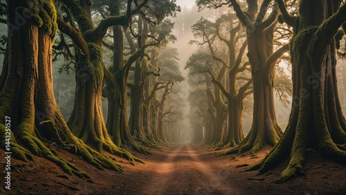 A mystical path winds through a forest of ancient trees, their mossy branches reaching towards a soft, golden light.  The scene evokes a sense of wonder and tranquility.