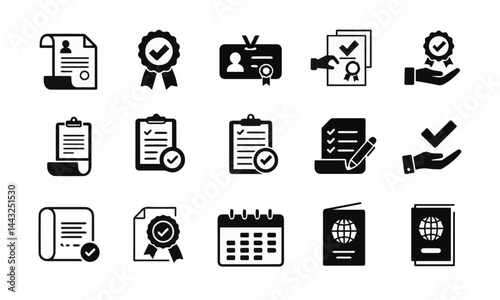 Black Certification and Approval Icon Set, A collection of fifteen black vector icons arranged in three rows, representing various aspects of certification, approval, and documentation,