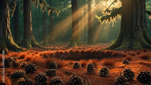 Sunbeams illuminate a mystical forest floor covered in pine needles and cones. The tall trees stand majestically, creating a serene and magical atmosphere.