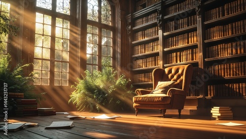 Sunbeams illuminate a cozy armchair in a grand library filled with bookshelves, creating a warm and inviting atmosphere.