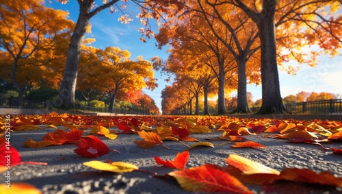 Vibrant autumn leaves blanket the road, creating a picturesque scene under a clear blue sky. The warm colors of fall are beautifully showcased.