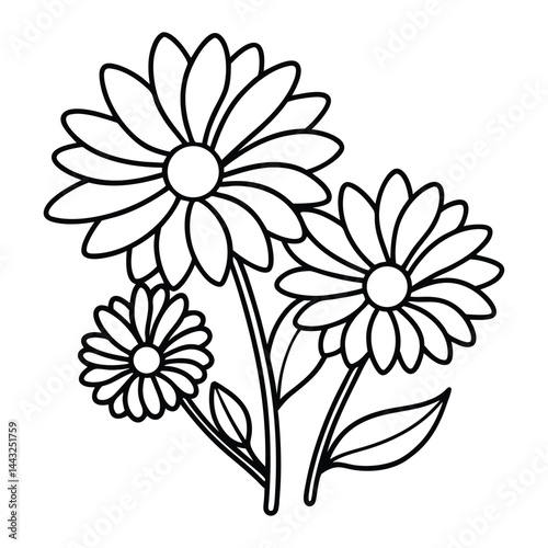 Black and White Illustration of Daisy Flowers with Simple Line Art