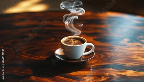 A steaming cup of coffee sits on a dark wooden table, bathed in warm light. The rich aroma is almost palpable.
