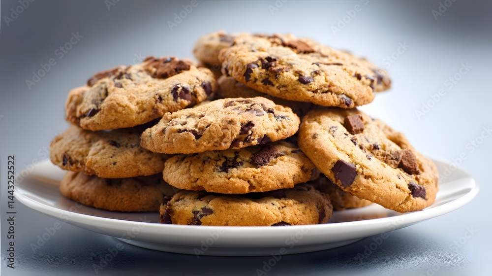 Pile of delicious, freshly baked chocolate chip cookies on a white ceramic plate. Pile of delicious, freshly baked chocolate chip cookies on a white ceramic plate.