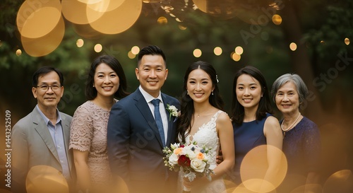 Elegant Couple Posing with Family at Outdoor Wedding Reception, Bokeh Lights