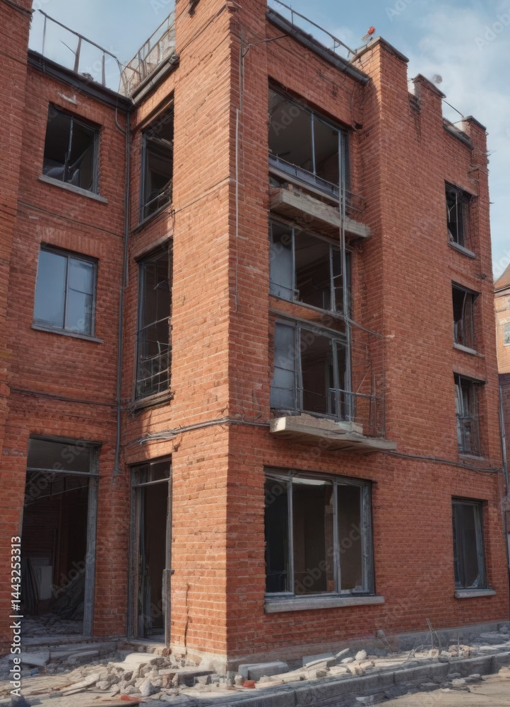 Obraz premium House undergoing renovation, brickwork and scaffolding visible, roof, tools