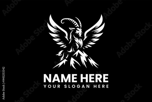 Detailed Winged Ibex Mountain Silhouette. Classic Fantasy Motif
