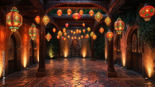 A magical courtyard at night, illuminated by numerous hanging lanterns. The warm, inviting glow creates a serene and enchanting atmosphere.