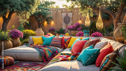Relaxing bohemian outdoor lounge area with colorful pillows and blankets. A perfect spot to unwind and enjoy the warm evening.