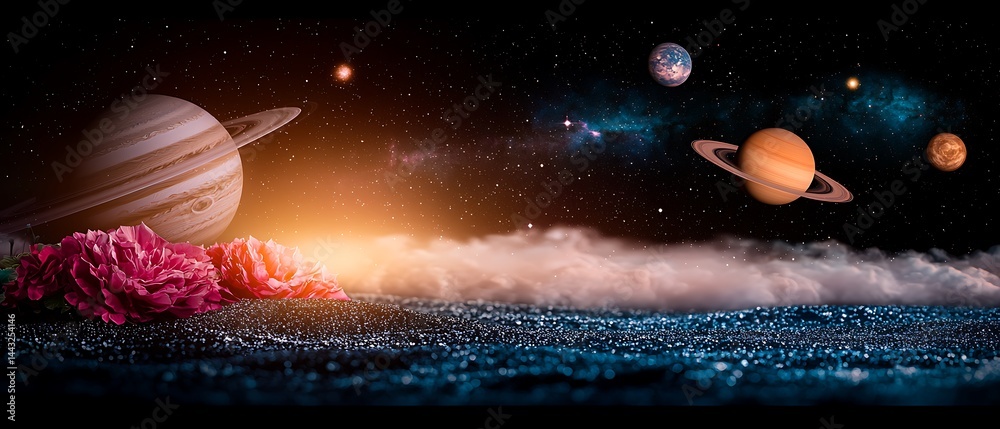 Fototapeta premium Planets loom over a spacey ocean backdrop with dreamy clouds and pink flowers