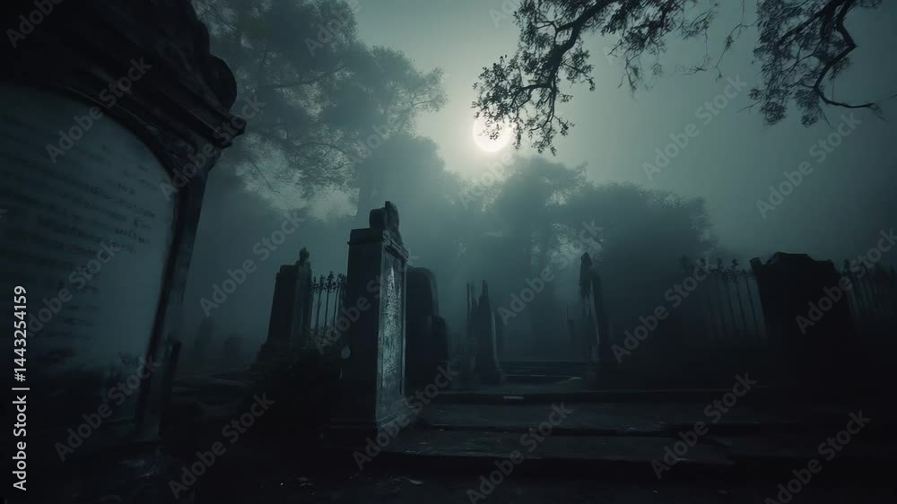 Cinematic Halloween video showing a spooky graveyard at night, with the camera smoothly moving between old tombstones under a full moon, creating a mysterious and eerie atmosphere. Cinematic Halloween video showing a spooky graveyard at night, with the camera smoothly moving between old tombstones under a full moon, creating a mysterious and eerie atmosphere.