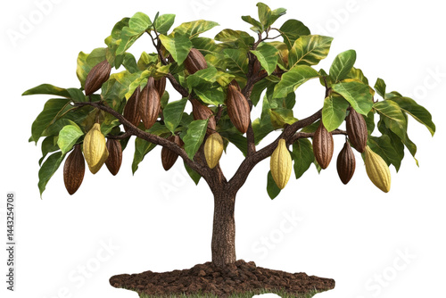Lush cocoa tree laden with ripe pods showcasing the journey from green to brown against a on transparent background