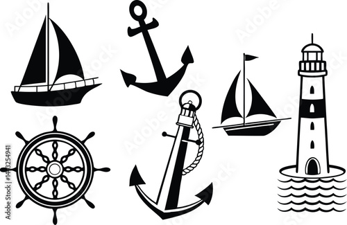 Nautical Anchor Icons and Maritime Symbols Vector Set – Black and White Minimalist Design