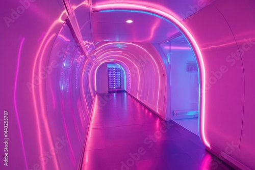 A futuristic hallway with neon lights in shades of pink and blue leading to a staircase ahead