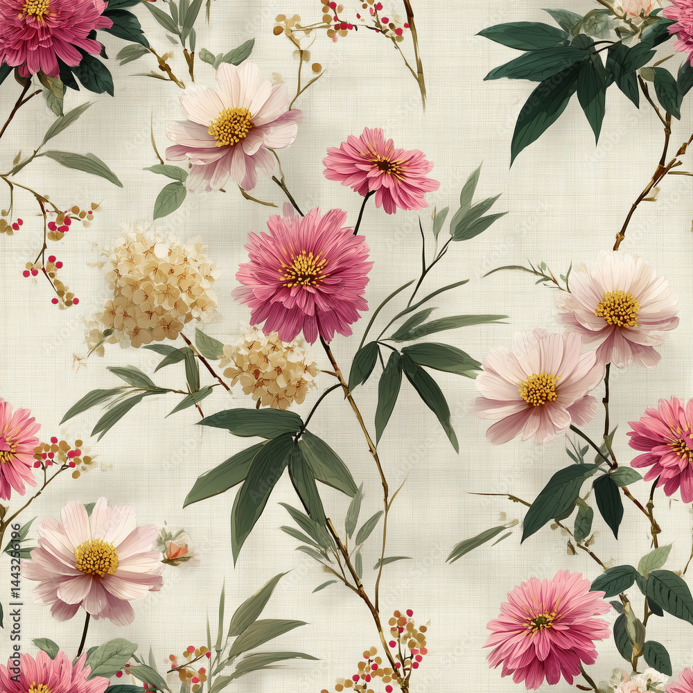 Fototapeta premium Japanese-Inspired Floral Design with Pink and White Flowers on Beige Background