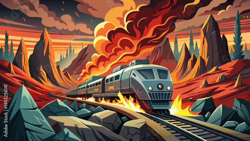 A train travels rapidly on its tracks, completely surrounded by flames and thick smoke, creating a dramatic and chaotic atmosphere during a violent 