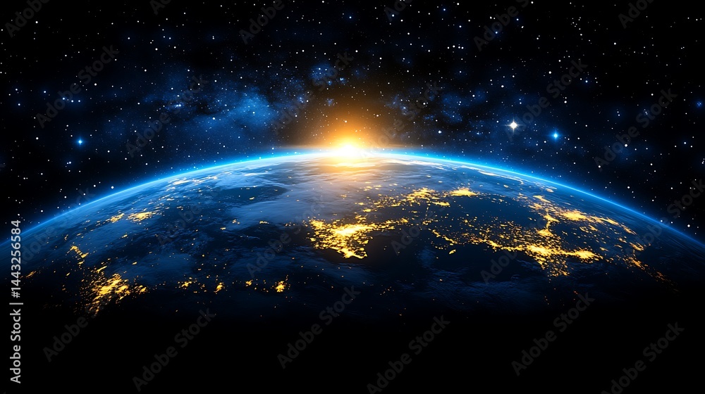 Fototapeta premium Earthrise, sunlit, night lights