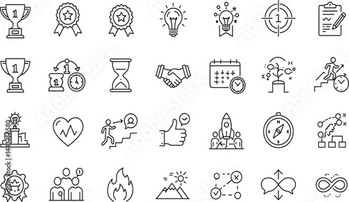 Motivation line icon set. Vector pictograms of personal growth, goal setting, perseverance, achievement, rocket launching, teamwork, passion, thumbs up
