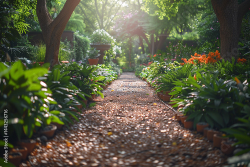 Beautifully orchestrated garden showcasing a harmonious blend of human creativity and nature, creating a tranquil and stunning sanctuary filled with lush greenery and vibrant flora  
