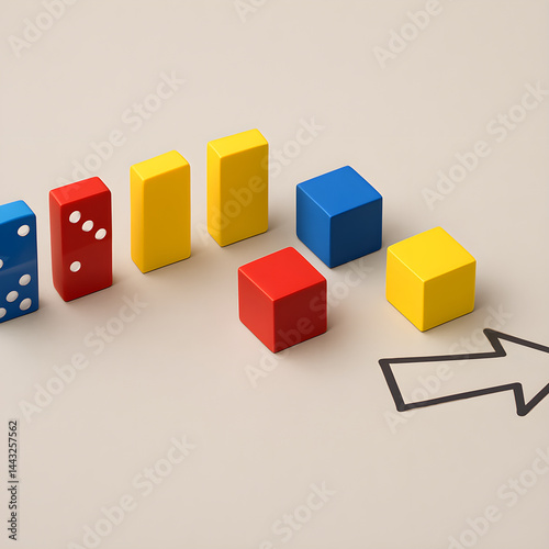 Creative Business Collaboration Concept with Colorful Dominoes, Solid Cubes, and Arrow Icons on Neutral Background, Geometric Design for Financial and Strategic Planning Visuals.