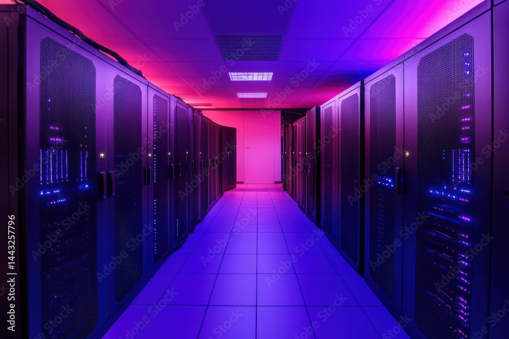 Fototapeta premium A server room with rows of black data racks illuminated by blue and purple lights in a long corridor