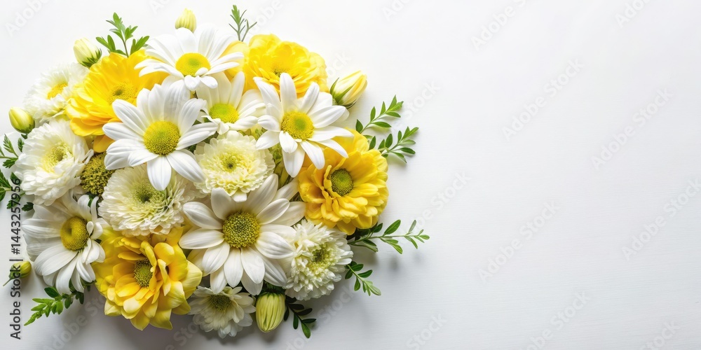 Obraz premium White Yellow Flower Bouquet, Floral Arrangement, Pretty Flowers, Spring Blooms, Wedding Flowers, White Background, Elegant Bouquet, Beautiful Flowers Photography
