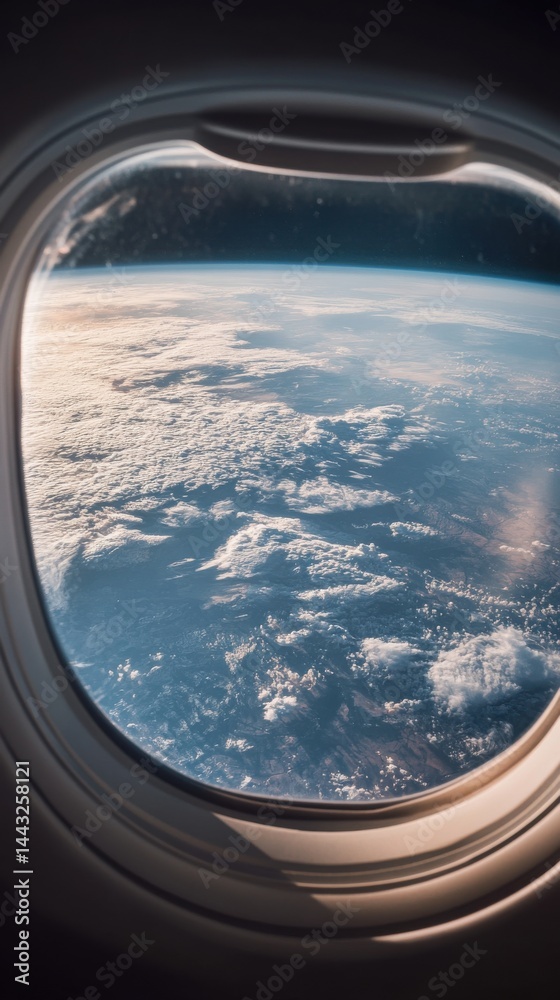 Obraz premium Stunning view of Earth from an airplane window, showcasing clouds and ocean under a clear blue sky.