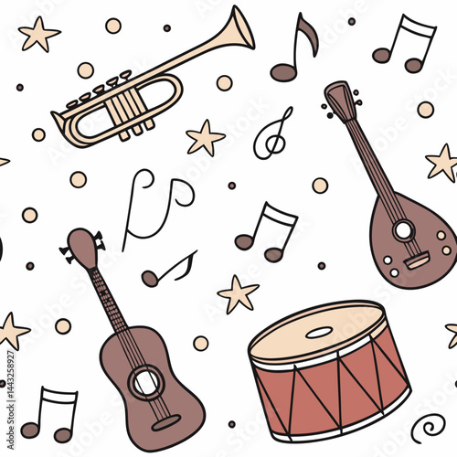 Seamless Pattern with Musical Instruments, Notes, and Symbols in Doodle Style for Textile Design and Backgrounds.