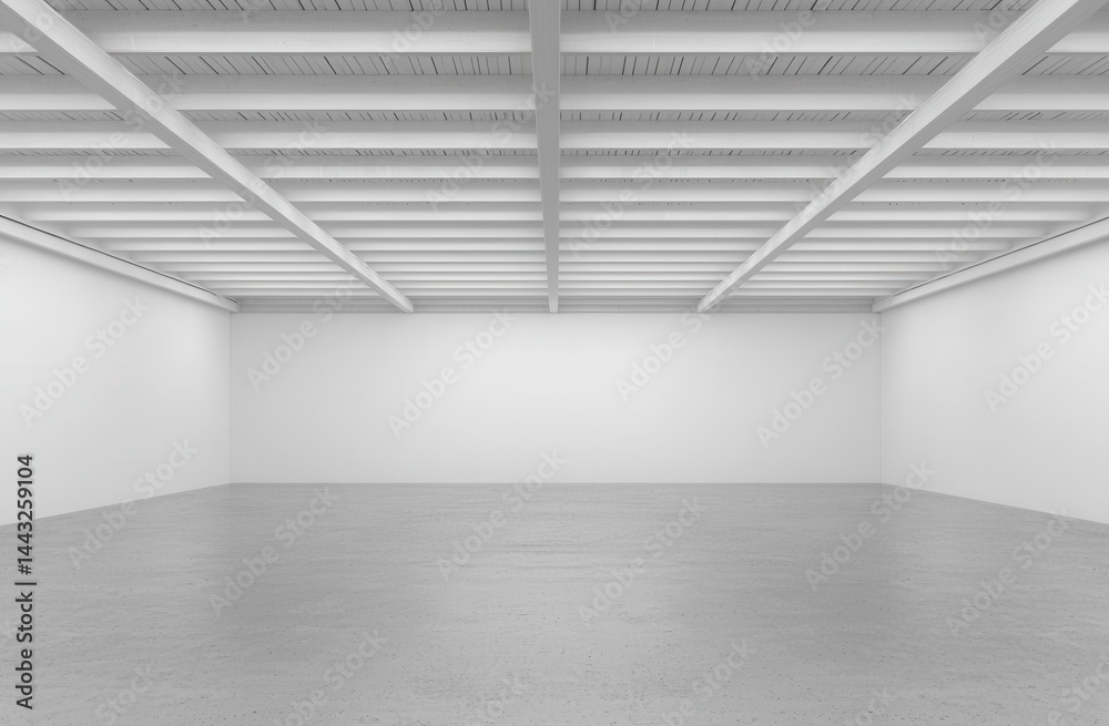 Obraz premium Minimalist Empty Room with White Walls and Wooden Ceiling Beams