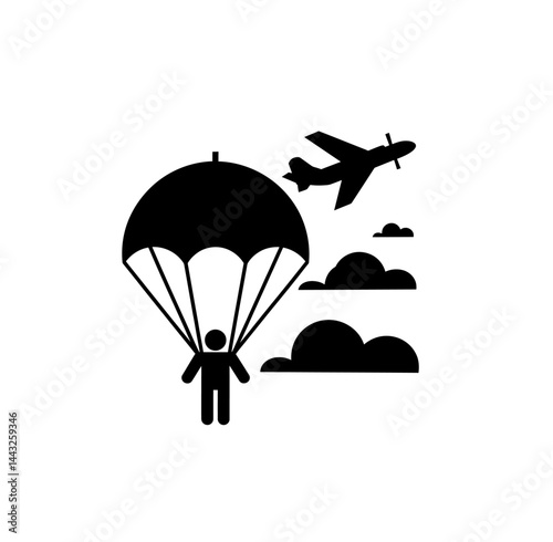 Paratroopers dropping by plane icon vector in black color isolated on white. Person is enjoing paragliding icon.
