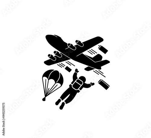 Paratroopers dropping by plane vector in black color isolated on white. People are enjoing paragliding.