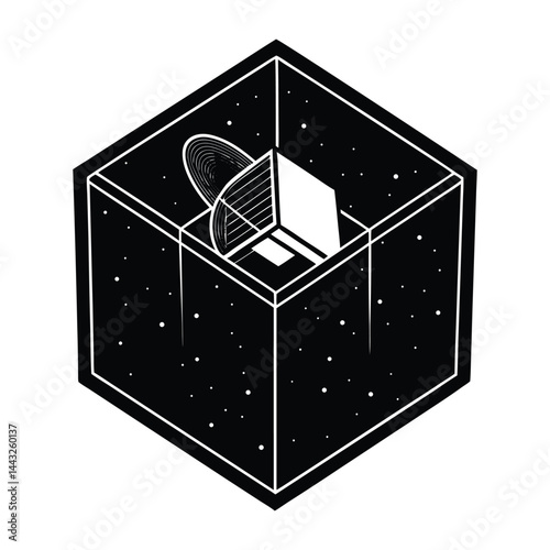 Satellite floating inside a cube on white background