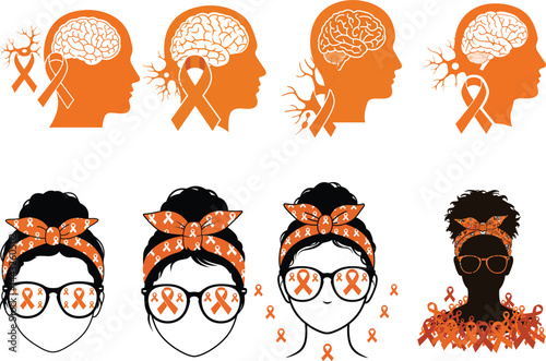 brain health awareness icons stylized heads female busts orange ribbons
