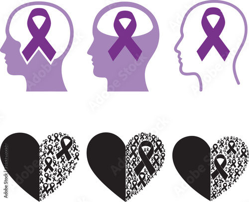 Health Awareness Icons Featuring Brains Hearts and Purple Black Ribbons