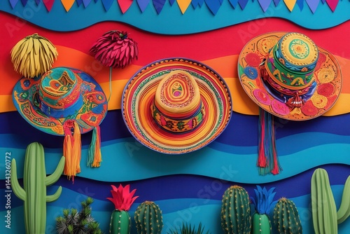 Colorful mexican scene with sombreros, cacti, and vibrant decorations against a layered background