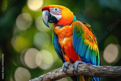 Portrait of a colorful macaw perched on a branch with a blurred green background in soft focus light