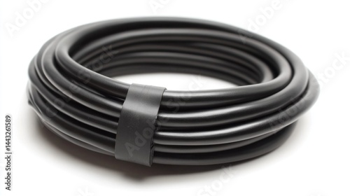 Black Cable Coil: A Close-Up View of a Neatly Wound Black Cable, Tied with a Black Strap, Isolated on a White Background