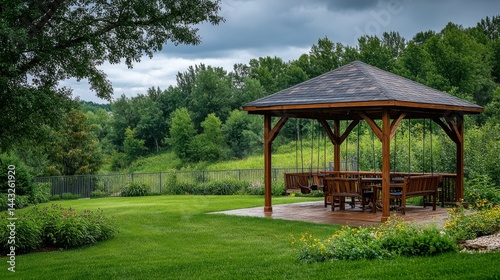 A wooden gazebo with seats, a table, and swings sits by a cut lawn. Behind it are trees, a metal fence, and a forest. The summer weather is cloudy with wind and rain.
